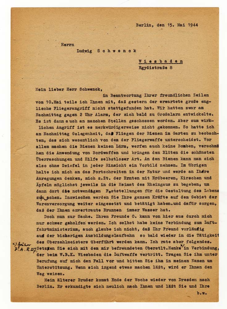 Brief Kaisers an einen hiesigen Freund mit versteckten Hinweisen auf die Umsturzvorbereitungen